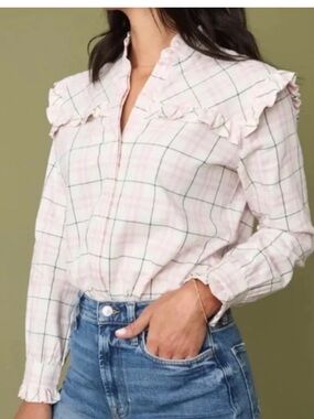 UNTUCKit Josie Shirt 14 White Pink Plaid Ruffle Cotton Button Down 40963